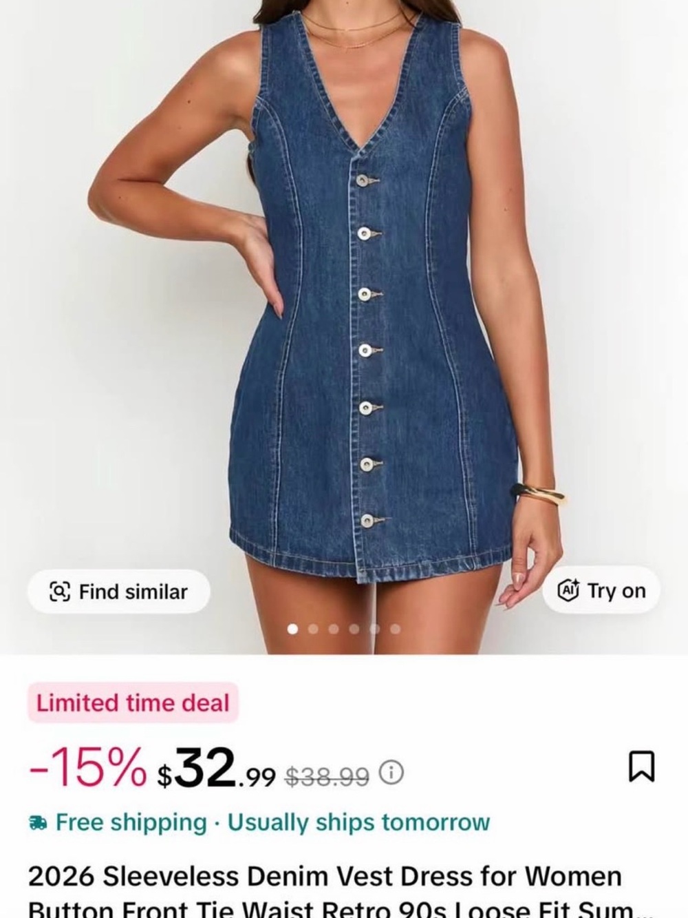 Sleeveless Denim Button-Front Dress in Blue